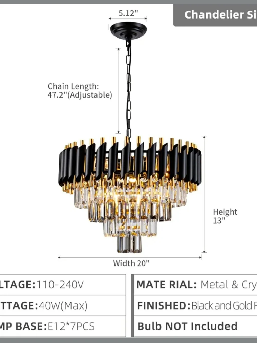 Black and Gold Crystal Chandelier Pendant Light by